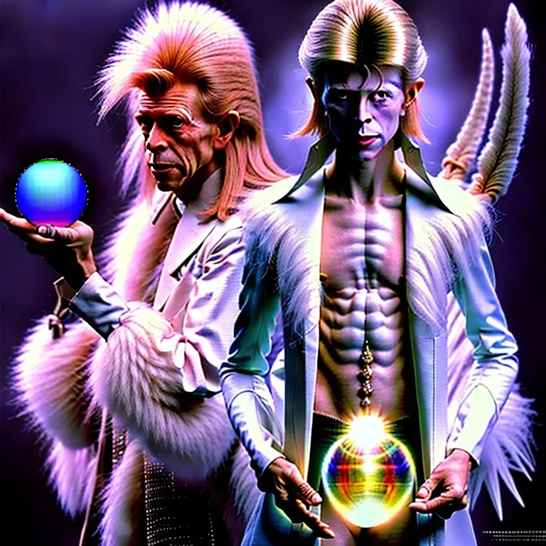 david bowie, mystical light, male model, white owl, Jim Henson's The Labyrinth, Jareth the goblin king, crystal ball in hand