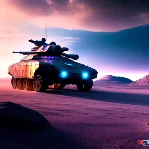 Futuristic armored tank rolling over a crater, purple sky, 4k, highly detailed, minutiae, trail with boulders