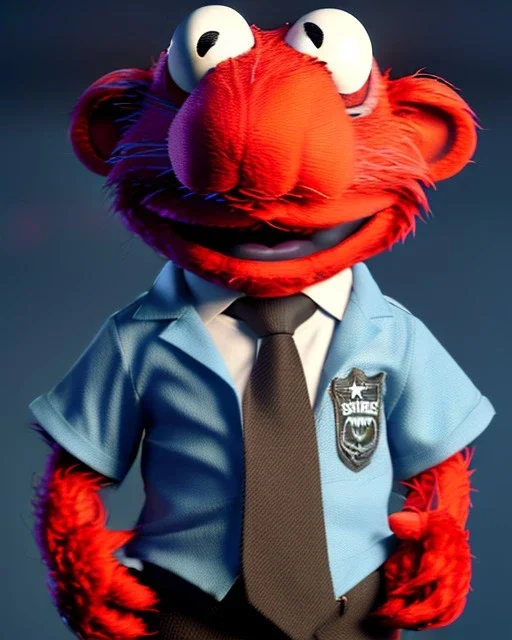 Realistic image, hybrid formed by simple Elmo muppet head and real human body, human arms and hands, Shirt and tie, concept art, smooth, unreal engine 5, god lights, ray tracing, RTX, lumen lighting, ultra detail, volumetric lighting, 3d, finely drawn, high definition, 4k.