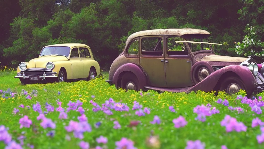 A mysterious place, a classic car, two women, among flowers