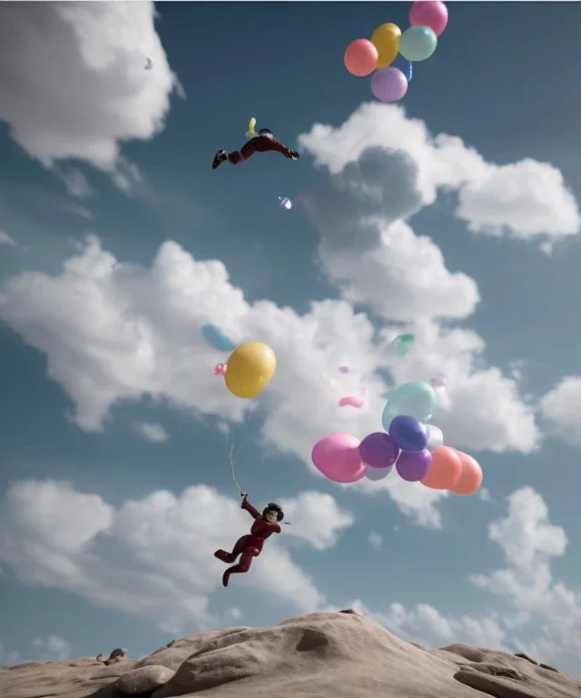 Ultra realistic speed clouds sky scene, wide angle view, strong men falling down with many Childs background, circus clothing style, feather color clothing, free jumping flying, many trinkets, hair monster, many jelly beans, balls, color smoke, smile, happy, extreme, wind, clouds sea, 20,000 feet altitude, stratosphere, soft color, highly detailed, unreal engine 5, ray tracing, RTX, lumen lighting, ultra detail, volumetric lighting, 3d, finely drawn, high definition, high resolution.