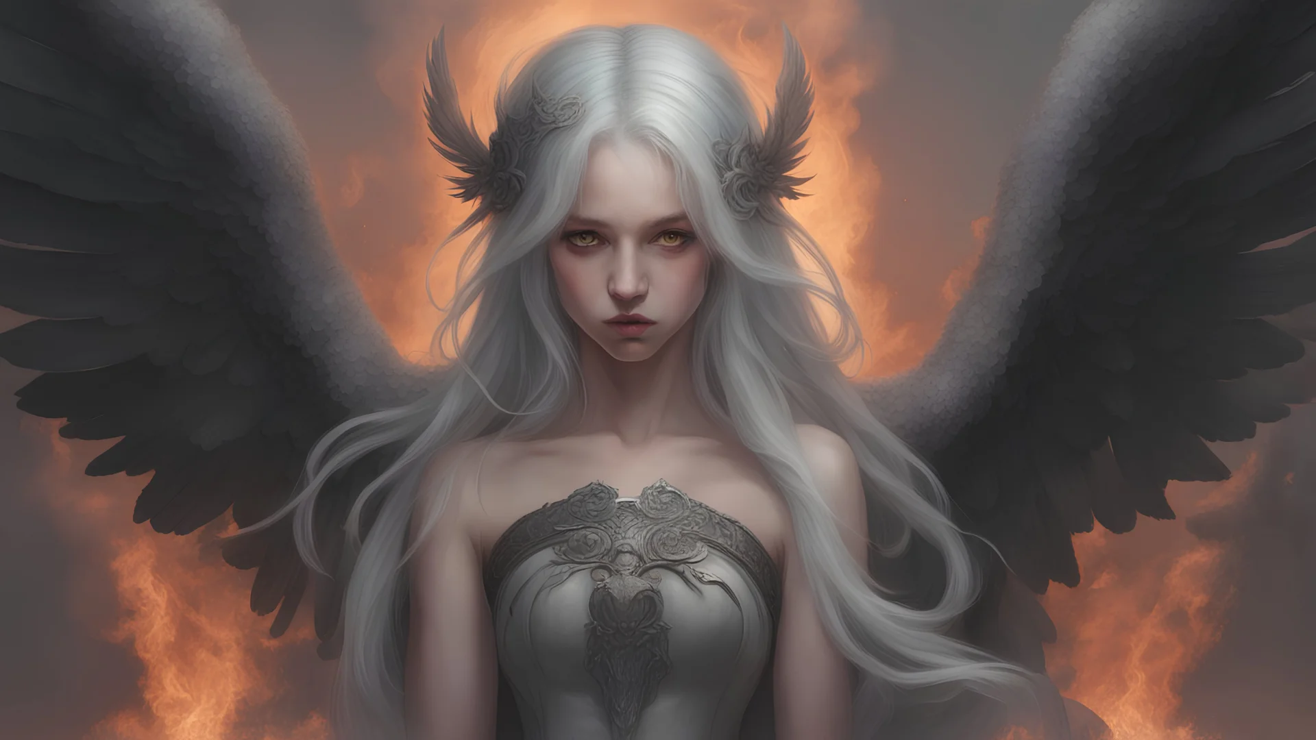 Angel of destruction with two big black wings, girl, gray hair, sad look, ancient greec clothing, fire