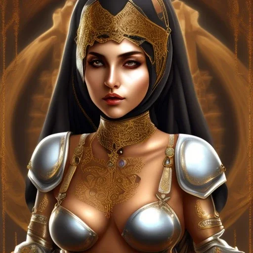 arab female warrior sexy cleavage dark eyes ornate metal armour silks