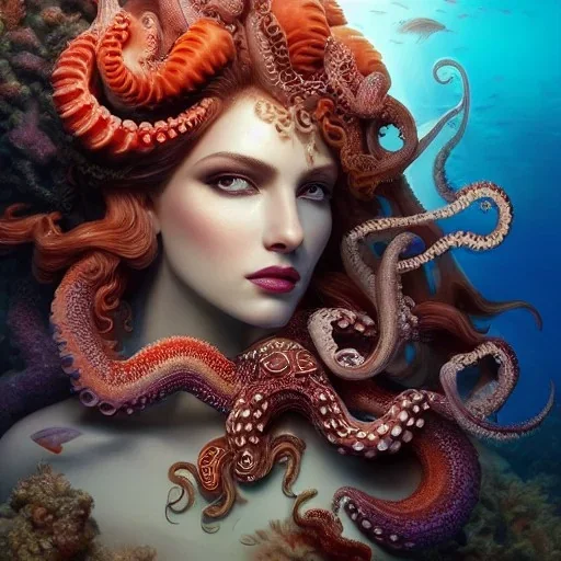 high-quality, fine-detail portrait of gorgeous, stunning goddess with octopus as hair, coral reef exoskeleton, underwater, 8k resolution, 3D octane render, intricate, digital art, detailed matte, volumetric lighting, George Grie, Anne Dittman, Anne Stokes, Lisa Parker, Selina French,