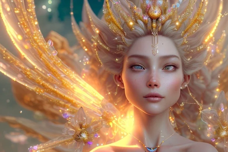 very beautiful crystal and gold goddess in a galactic ambiance, nice smiling, transparent petals, delicate colors, full of details, smooth, bright sunshine，soft light atmosphere, light effect，vaporwave colorful, concept art, smooth, extremely sharp detail, finely tuned detail, ultra high definition, 8 k, unreal engine 5, ultra sharp focus