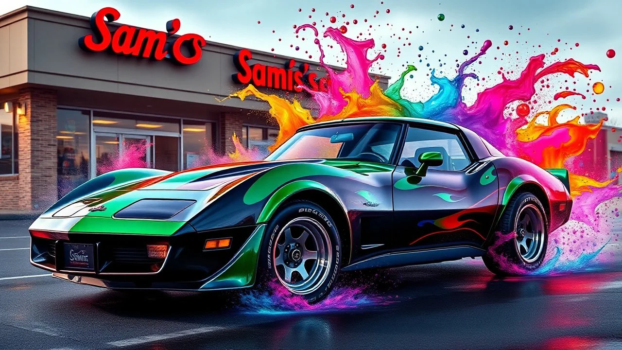 suped up 1979 corvette stationwagon green with black flames outlined with a thin red pinstripe, in front of Sam's club, SuperSport car, impressive, VIP, award winning, detailed a colorful splash of steampunk bubbles , amazing splashscreen artwork, photoshop water art, liquid painting, swirling paint colors, ink splash, physics splashes of colors, colorful swirls of paint, paint splashes, swirling paint, painting of splashing water, splashes of liquid, cgsociety saturated colors,