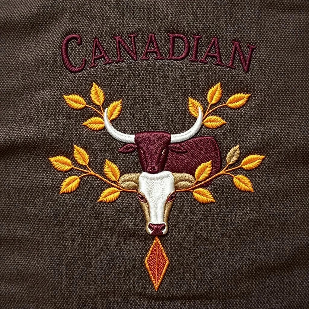 an autumn colored textured cloth embroidered with ornamental leaves and cattle, pointed bottom, on darker textile background, embroidered text across top, Canadian western textile art design