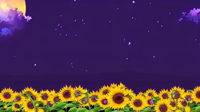 purple sky full of stars, sunflower field, anime