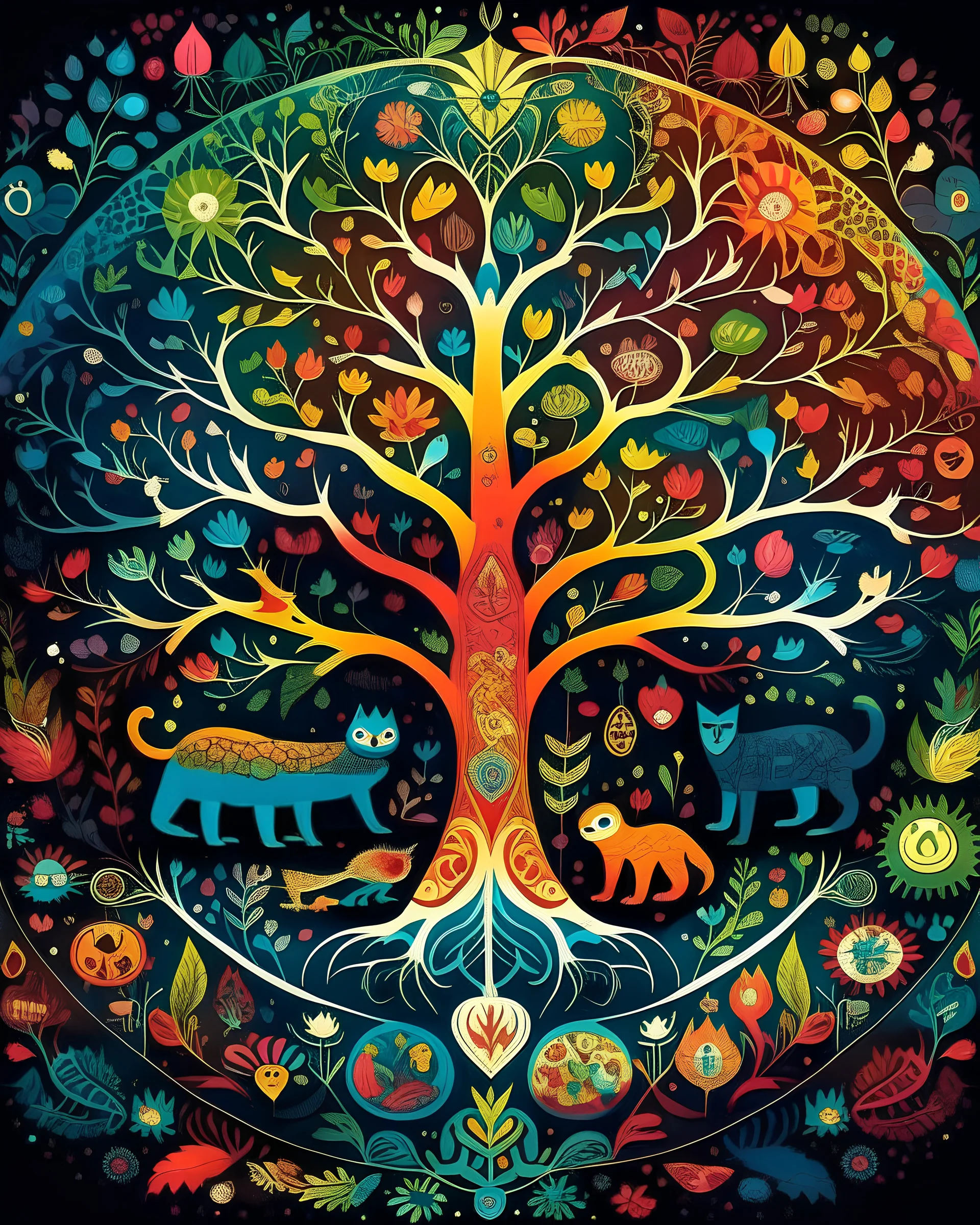 [illustration style (A vibrant and intricate mandala featuring various animals intertwined within the branches of a giant tree, symbolizing the interconnectedness of all living creatures):1.2] of a [colorful:1.1] book cover with the title "libro infantil" prominently displayed. Use [bright lighting:1.3] to make the colors pop. Add [cartoonish:1.1] details such as playful characters or animals to make it appealing to children.