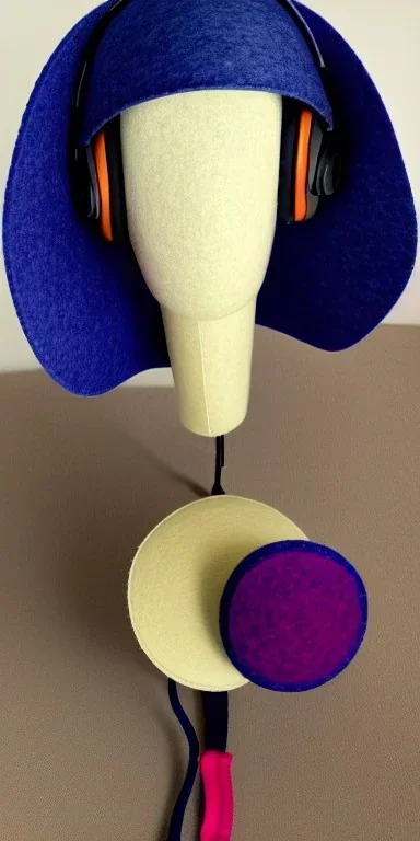 Whole real woman in the image. she has plum-blue-magenta-camouflage mantel and simple orange felt bolero.Felt cloth visor with tippet cobalt blue. SMALL FELT CAP is merged to Old AKG headphones with recognizable Golden rings! cloth materials are denim and felt cloth mixed. Fashion 2023. Colors: Cream white, zinc plate, red ochre, ochre, orange, cobalt blue, purple, lilac. Thick tights. Thick calves. She is in figure from top to toe.