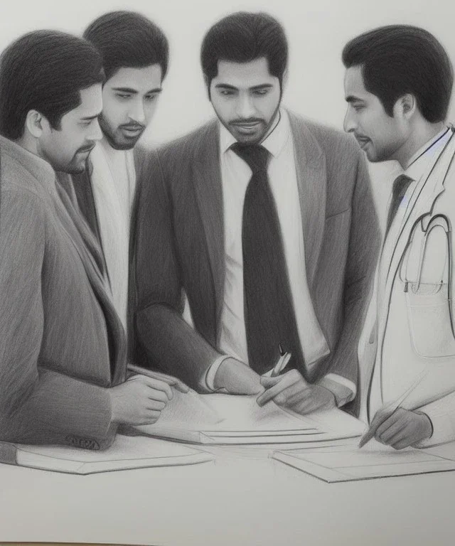 Pencil sketch of Four doctors are discussing ، on lined paper