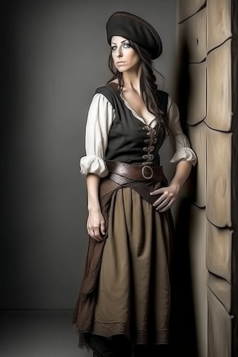 pirate woman with -cut dress leaning against the wall, realistic style, full figure frontal