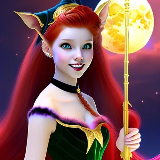 Attractive teenage girl with red hair and golden highlights, who is dressed like a witch casting a spell with a quarterstaff on the moon, she has black cat ears, green eyes looking at the moon, has a normal nose, background is realistic space, the girl is on a planet, goth girl dress, full body portrait, arm colors gradient effect into stars, rendered, unity 3d, unreal engine, dslr, hdr, 4k, edited, photorealistic, normal number of appendages, freckles, artists rendered