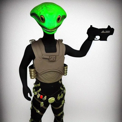 Alien, snake, metaljellyfishsombrero, vest, hands, holding gun, holster, steel military boots, squishy, chest plate