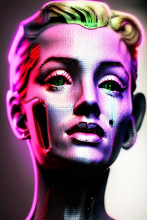 Ultra Realistic image, portrait, blonde woman, Marylin Monroe face, perfect iris, glow eyes, glow makeup. Cyborg, Cyberpunk, ex machina style, oversized tight latex dress. fog, rain, soft color, highly detailed, unreal engine 5, ray tracing, RTX, lumen lighting, ultra detail, volumetric lighting, 3d, finely drawn, high definition, high resolution.