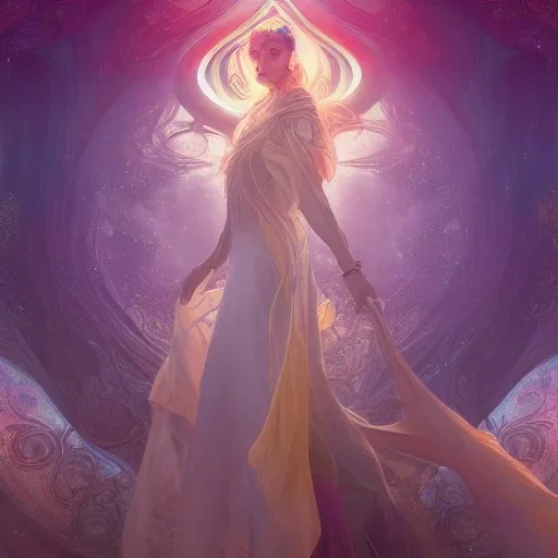 Queen of the light, a masterpiece, 8k resolution, fantasy concept art, Anna Dittmann, dynamic lighting, hyperdetailed, Splash screen art, trending on Artstation, deep color, Unreal Engine, volumetric lighting, Alphonse Mucha, Jordan Grimmer, purple and aqua complementary colours