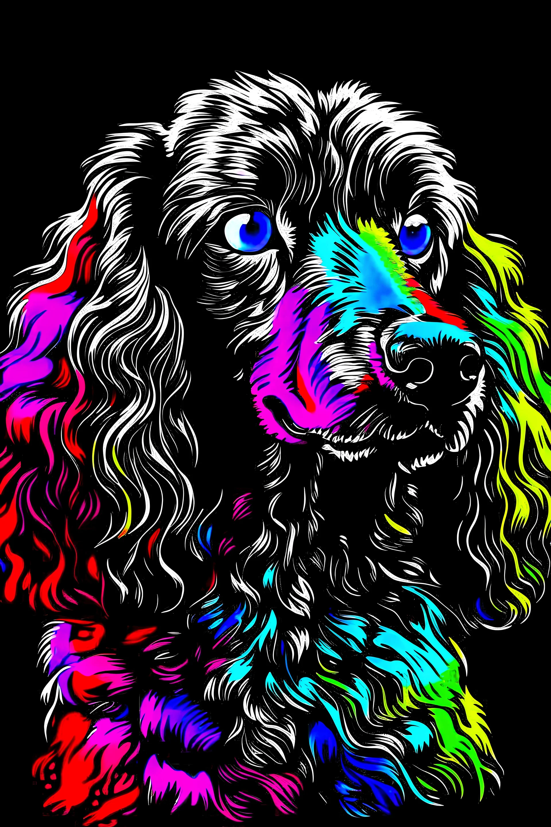 A striking digital artwork features a vibrant Poodle dog in a vector illustration style. The dog captivates with its colorful presence against a sleek black background. The artist skillfully chooses a suitable color palette to enhance the overall impact, resulting in a visually stunning phone wallpaper. The image showcases intricate details, including the dog's expressive eyes, glossy fur, and the play of light and shadows on its graceful form. This high-quality illustration exemplifies the arti