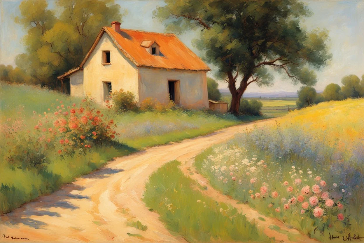 sunny day, mountains, trees, dirt road, flowers, spring, countryside, adobe house, friedrich eckenfelder and hans am ende impressionism paintings