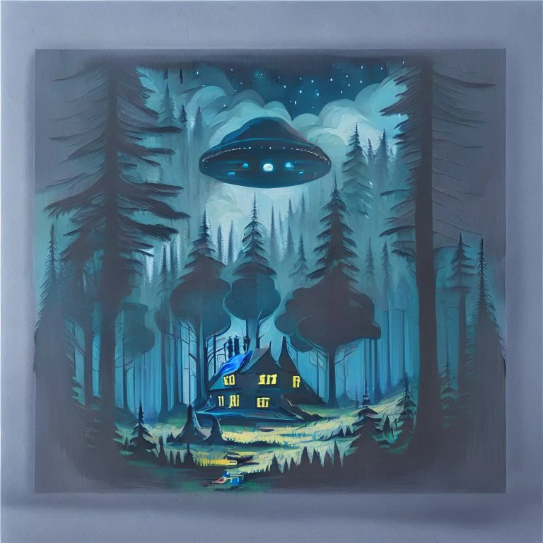 a dark forest with a house in the distance and a ufo in the sky, dark tones cezanne style