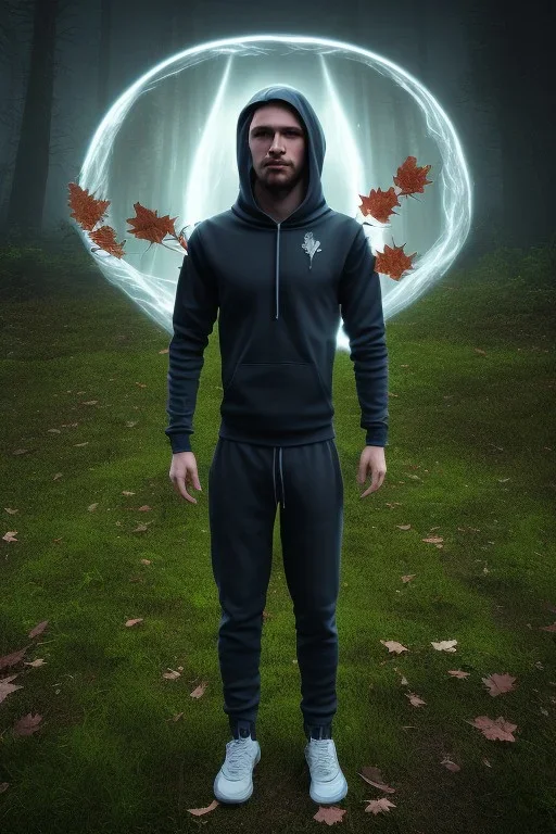 running alien portrait , black jogging suite , in the night Alps , holding leaves and coins , angels background, volumetric light, high detail, dark leaf tree, dark mountains in background, perfect, HR Giger style