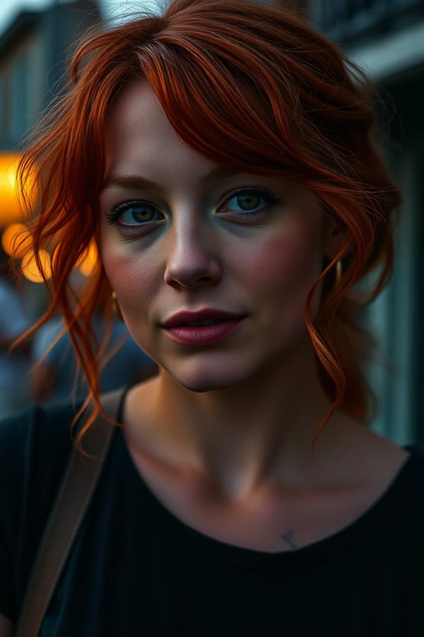 Cinematic, realistic, close-up, cinematic documentary of a 22-year-old woman with vibrant red hair and eyes the hue of twilight, embracing the lively spirit of New Orleans, Louisiana, the city’s music and history resonating with her adventurous heart, shot with a Canon EOS R, --v 6 --ar 9:16 --stylize 750