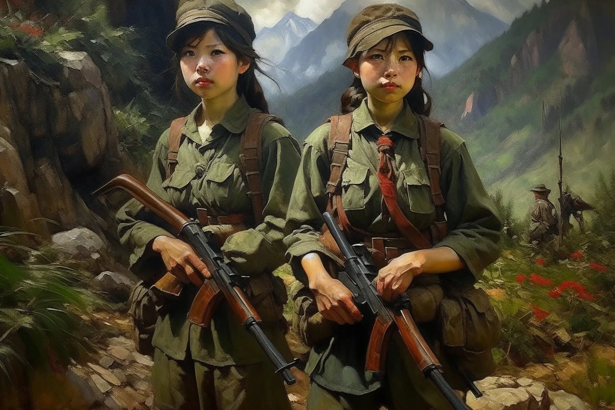 Japanese 1920 oil painting FEDRA from TLOU and the CRM from TWD but as Vietnam soldiers in the mountains