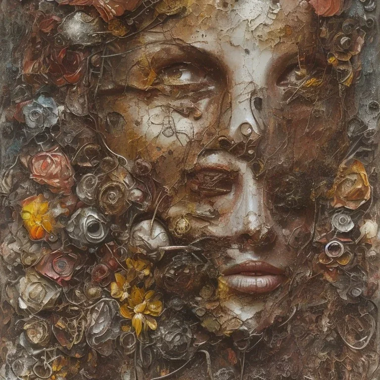 an abstract painting of rusted metal and flowers, by anselm kiefer and lucian freud, rust, scaffolding, iron cladding, decay, mixed media, textured, anatomically correct, beautiful perfect face, sharp focus, highly detailed