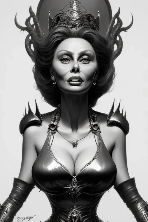 Sophia Loren as evil queen in black leather, cleavage, angry, stern look. character design by cory loftis, fenghua zhong, ryohei hase, ismail inceoglu and ruan jia. unreal engine 5, artistic lighting, highly detailed, photorealistic, fantasy