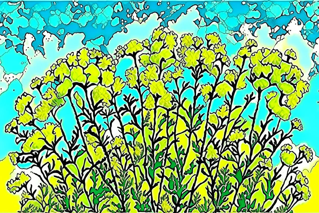 bottom half canola plants detailed, top half sky, watercolor illustration