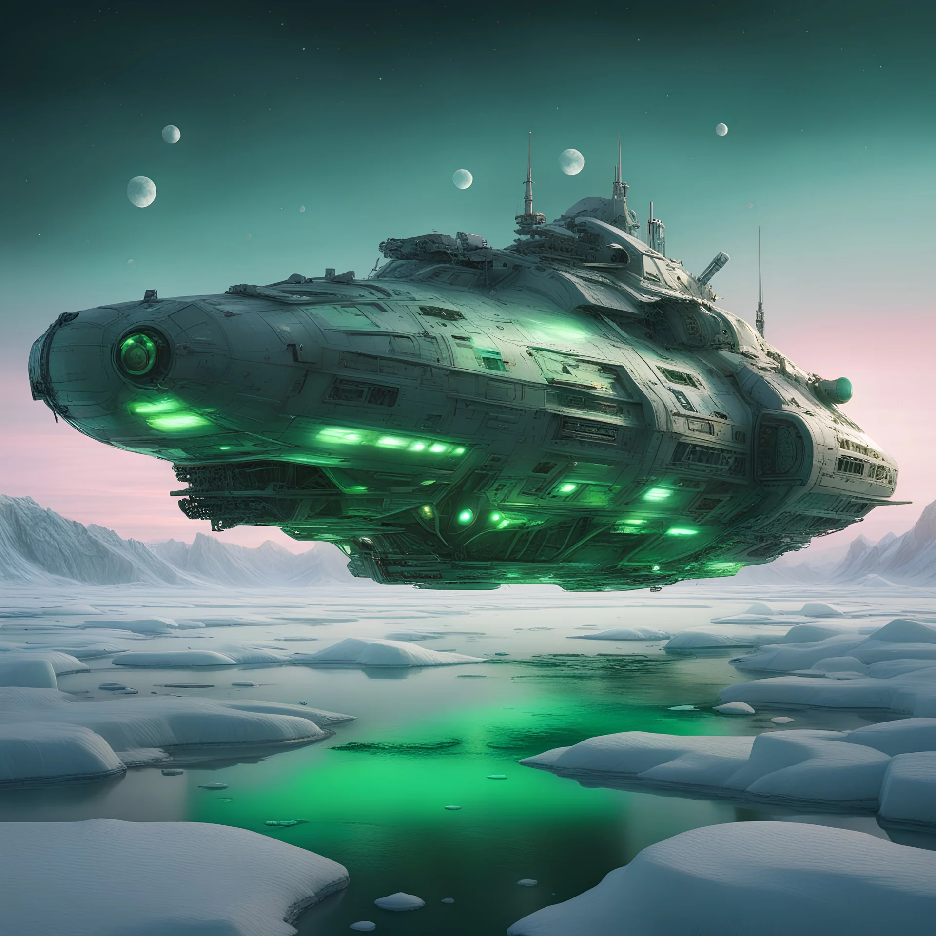 ,large detailed space ship floating on wide ice River on a , dusk, antennas, exhaust ports ,small green lights , stopped, , luminescent , 35 mm focal length