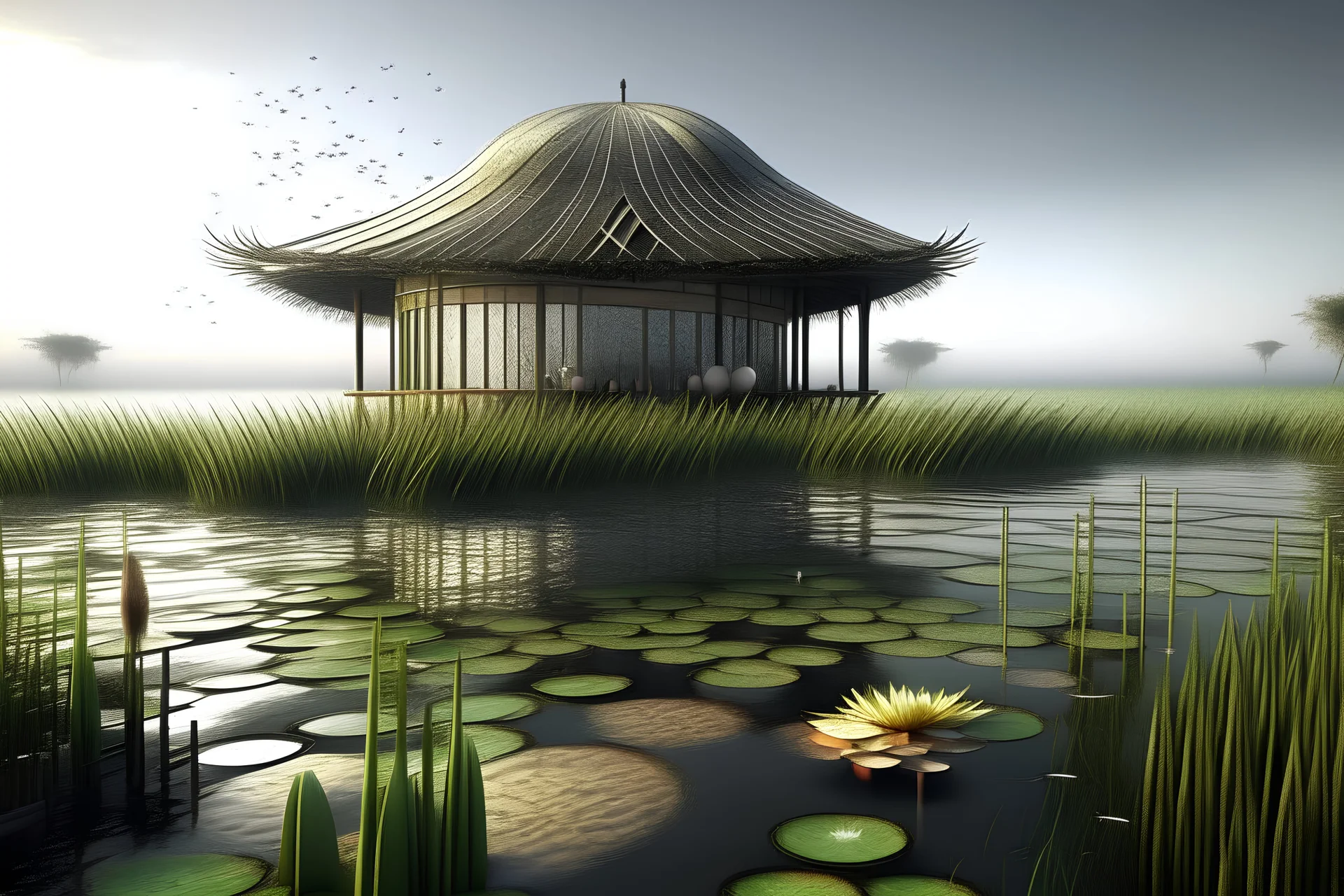 futuristic Iranian beach house with vernacular architecture, in the marsh, Water lily on water surface, wooden structure, sloped roof, wealth of flora, with dancing performance, fog and rain, light ray