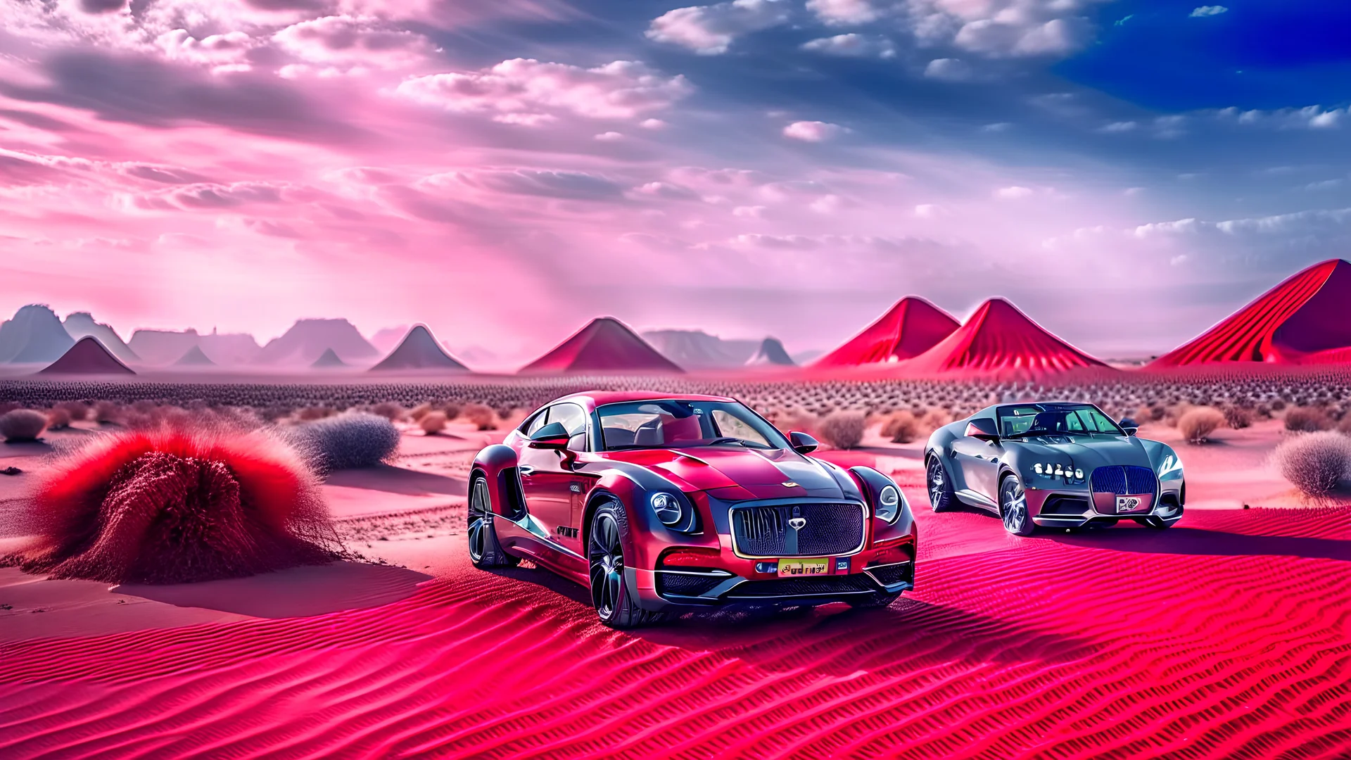 Ferrari, Bentley, and Benz in a desert, intricately detailed, long shot, professional photography, a breathtaking grassland background, realistic art, shot on dslr 64 megapixels sharp focus, canon lens, 16k resolution