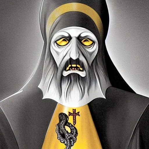 Nosferatu with four yellow eyes with fleshy tentacle beard grey skin and vampire fangs as a Russian Orthodox bishop