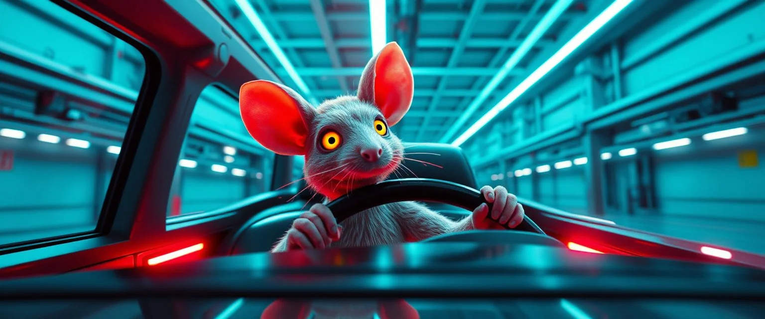 car driving happy 2d neon fluffy rat elf scumbag in the style of Escher and Giger and Fallout 4, pinhole cam, airbrush 3d rendering, on tv screen:A five-second cinematic single take in a clean industrial presentation hall.