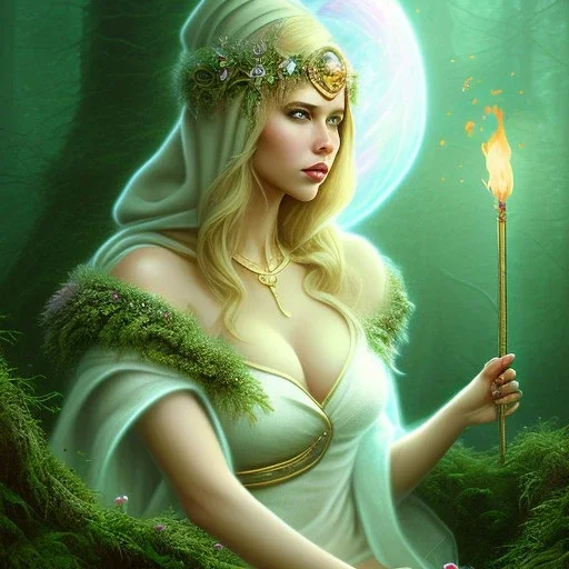 romantic fantasy spray painting, portrait of very cute hooded green eyed blonde robed bard with halo sitting on huge stone, bubbles, tossing torch in magical forest, foliage frame, magic wand