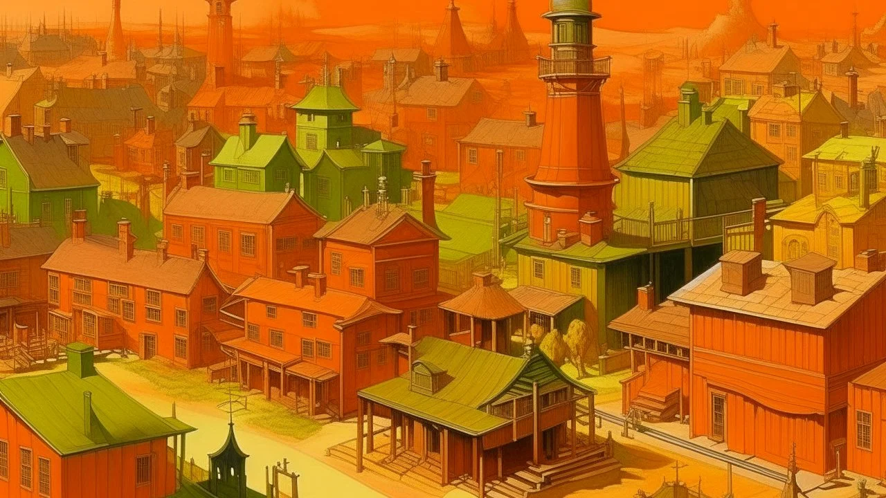 An orange colored western town with mechanical buildings painted by Raymond Duchamp-Villon