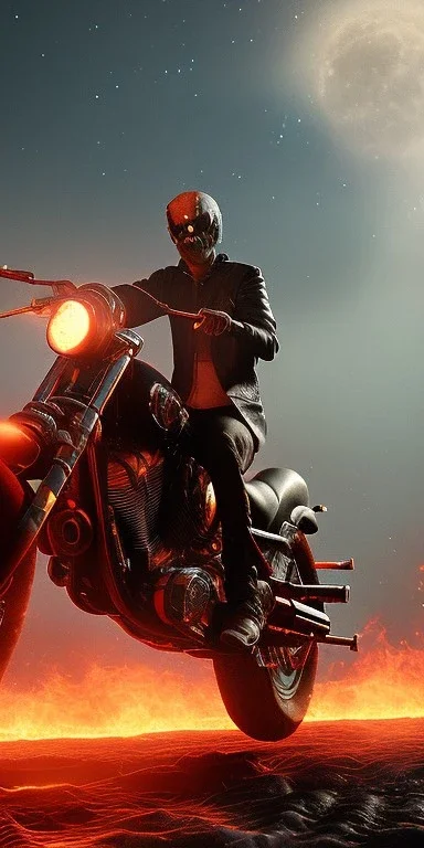 Ghost rider in hell with the moon in the background with fire souls