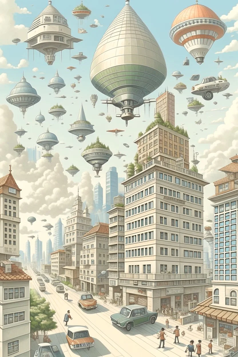 a futeristic city with flying cars and humans walking on air and lifts magicaly going up and down and skyscrapers. Homes in the air