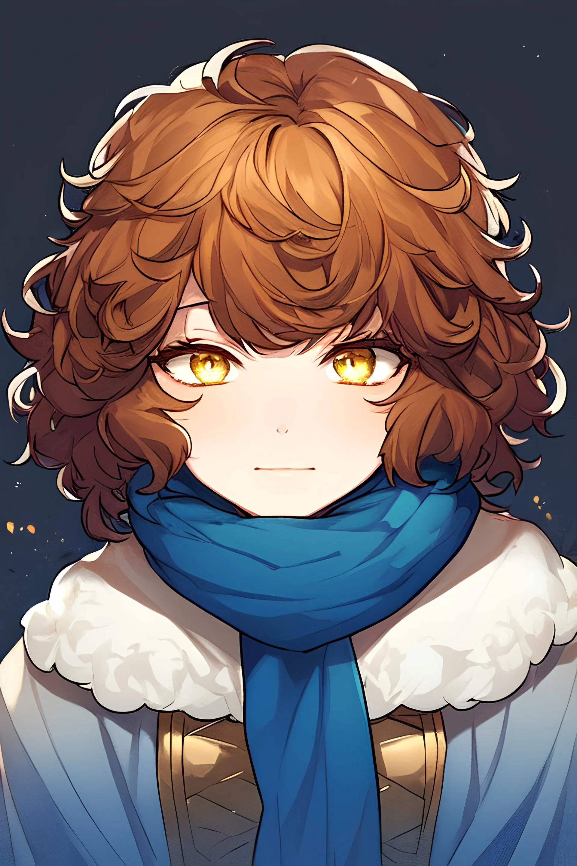 orange short hair, blue scarf, 1girl, sleepy eyes, messy hair, cloak, short girl, yellow eyes