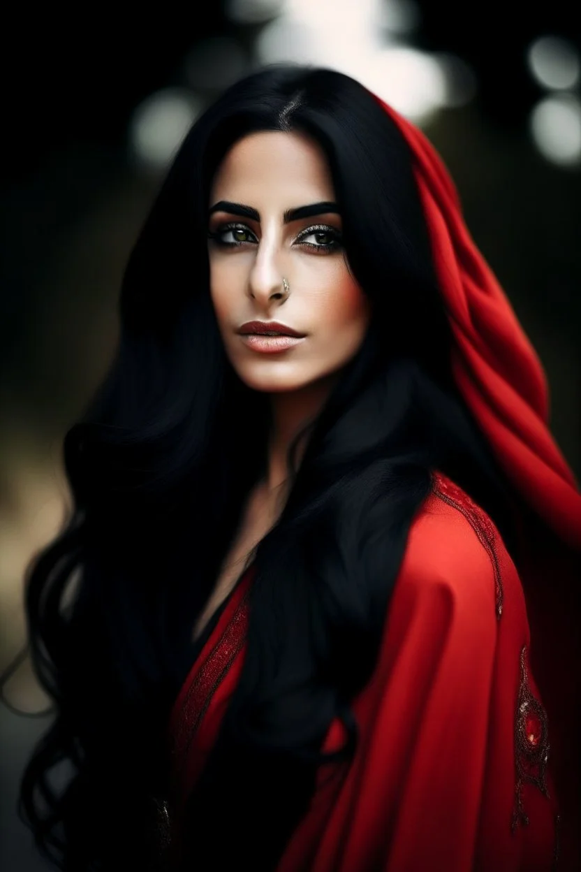 portrait of a beautiful arabic woman with super long black hair, warm-hearted, goddess, red