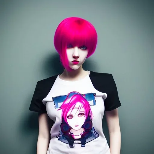 Cyberpunk graphics, android beautiful woman, blue eye ball, red short hair, fine face, smile pink lip, girl ears, sexy petite body, white skin, wearing fit t-shirt