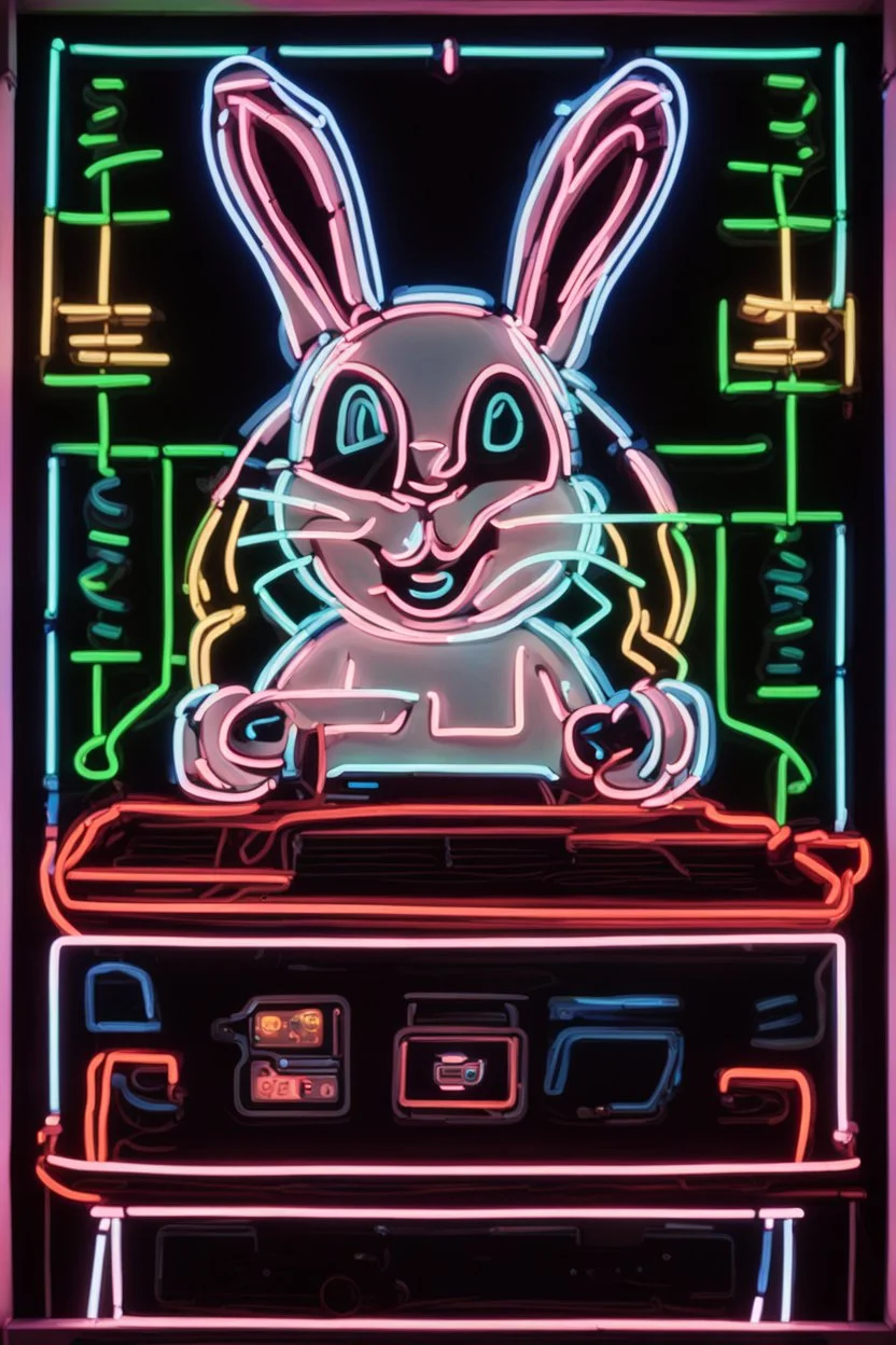 Neon sign of the easter bunny playing a video game console