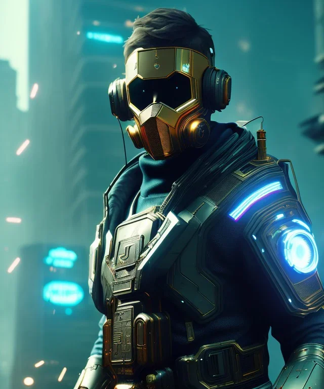 A badass wearing a broken mask, full body, atmospheric, realistic, unreal engine, cinematic lighting, octane render, cyberpunk city background