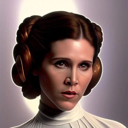 extremely detailed 8k hyperspace wallpaper,complete and photo realistic detailed head to waist stunning photo realistic portrait of carrie fisher as Princess Leia in star wars with photo realistic fine and simple hairstyle, brown eyes, professional majestic photo realistic painting by Ed Blinkey, Atey Ghailan, by Jeremy Mann, Greg Manchess, Antonio Moro, trending on ArtStation, Intricate, High Detail, Sharp focus, dramatic, by greg rutkowski, realism, beautiful and detailed lighting,