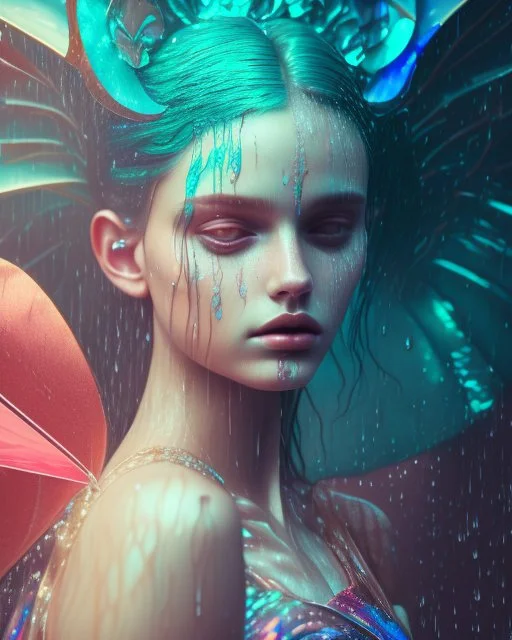 goddess painting in the style of marta bevacqua, violent, high delicate defined details, beautiful, atmospheric, rain, matte, 3 d 8 k octane rendered, sharp focus, illustration, holographic undertones, high detail, ultra realistic, highly saturated colors