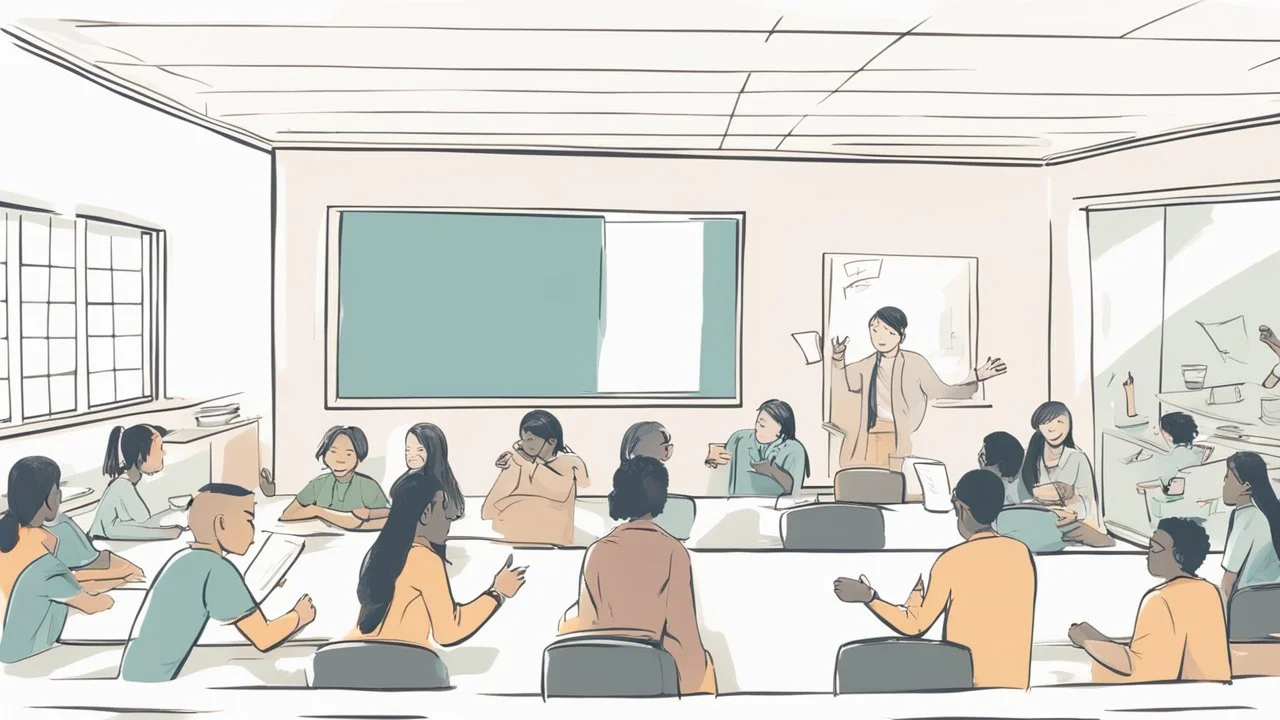 The image depicts a group of students actively engaged in a collective discussion within a classroom. The atmosphere is filled with enthusiasm and collaboration, evident through their lively interaction and exchange of ideas. The image illustrates the promotion of social interaction and cultural learning within an educational environment, where students learn from one another and build interactive bridges that contribute to enhancing understanding and cooperation among diverse cultures.