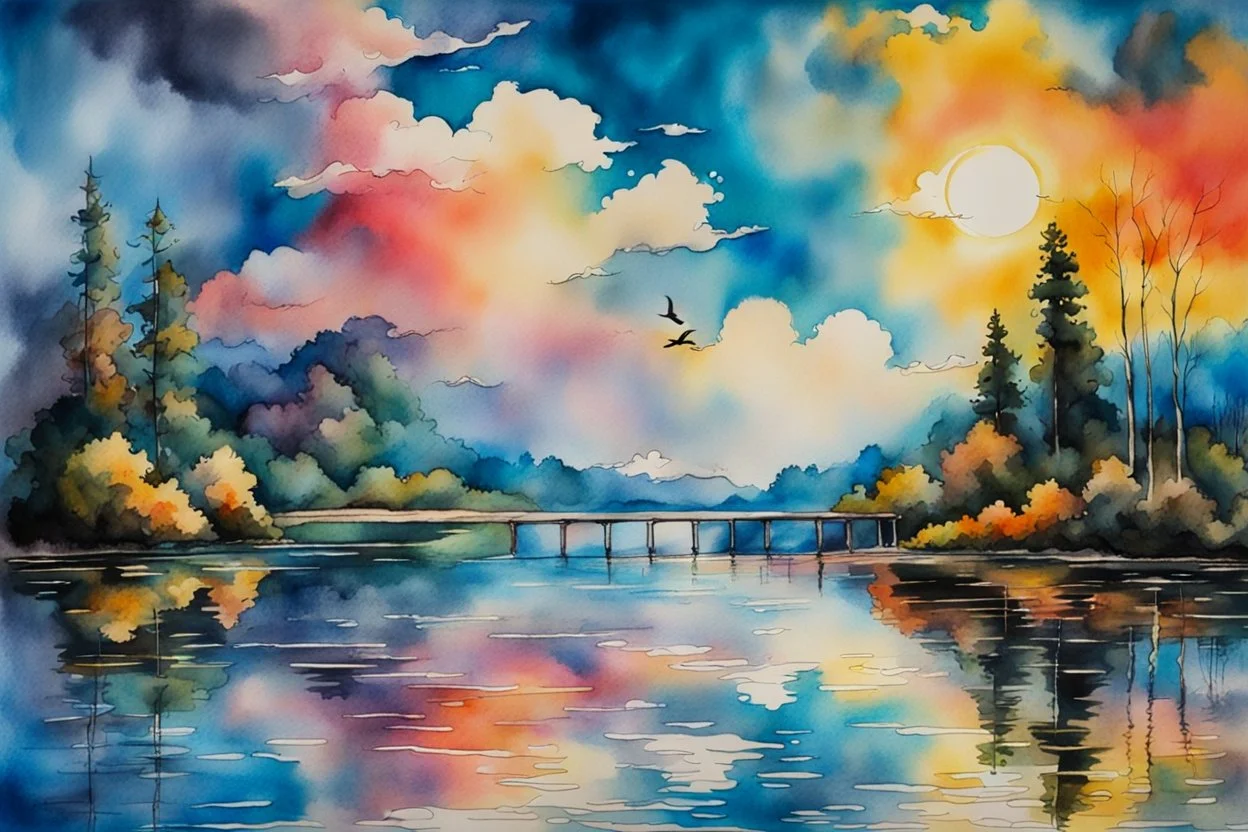 Urban sketch of a beautiful forest in ink and watercolor, storm clouds, full sunset, flowers, kurved path, old wood bridge, gull Modifiers: beautiful award winning