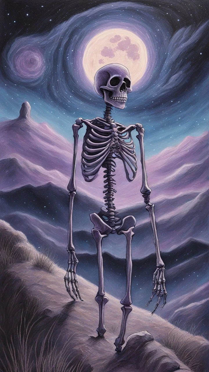 A pastel painting of a skeleton on a hilllookin into the night sky. A nebular in the sky. Painting. Purple colours. Blue colours. Colorful.Pastel colours. Masterpiece.