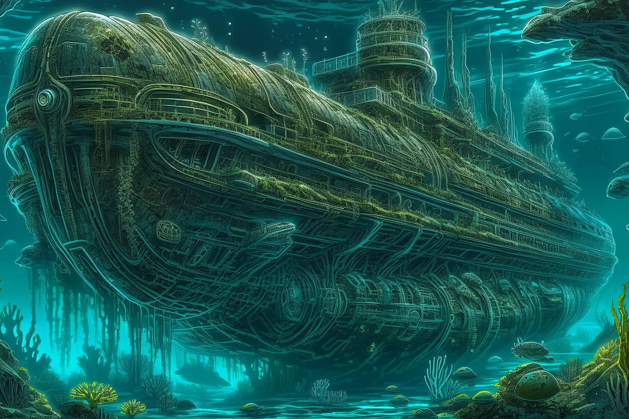 underwater in big ocean an ancient giant metal space ship lies down, fantasy, surreal, weirdart, cyberpunk, dark colors, extreme high illustration, textured hypermaximalism, dark water with sea plants, masterpiece, intricate details hyperdetailed, award winning picture