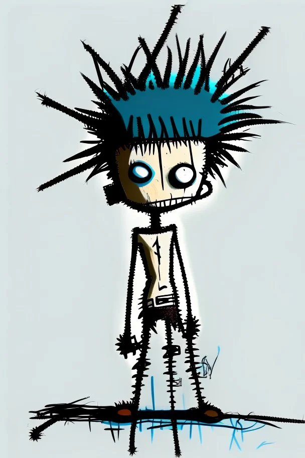 2d drawing of a stickman, cool with punk hair, x eyes like in hangman, laying flat on stomach,backside view,3d realistic in colour